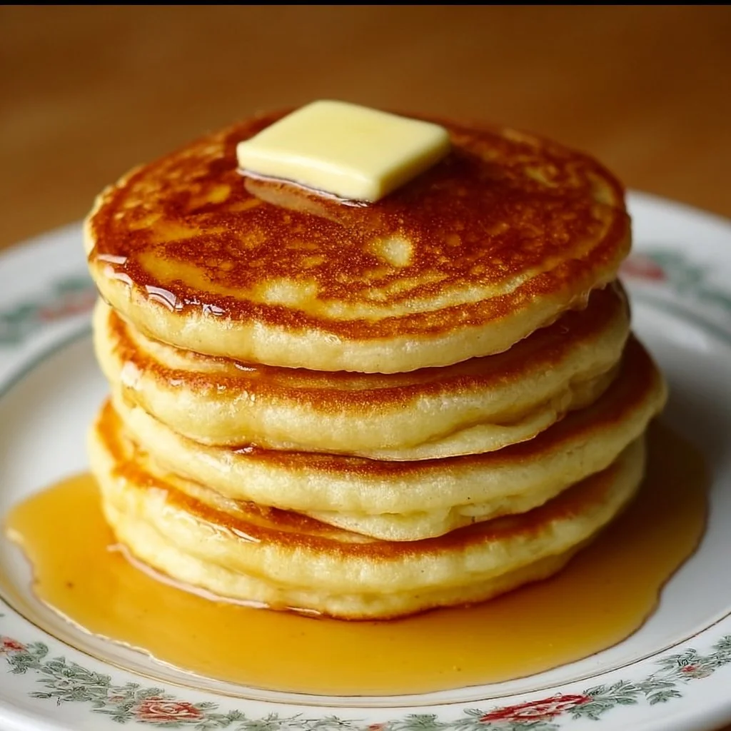 Stack of fluffy pancakes with maple syrup and fresh berries on a plate
