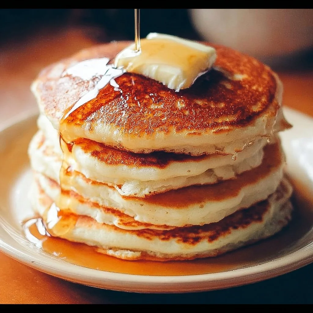 Delicious fluffy pancakes stacked on a plate with maple syrup and berries