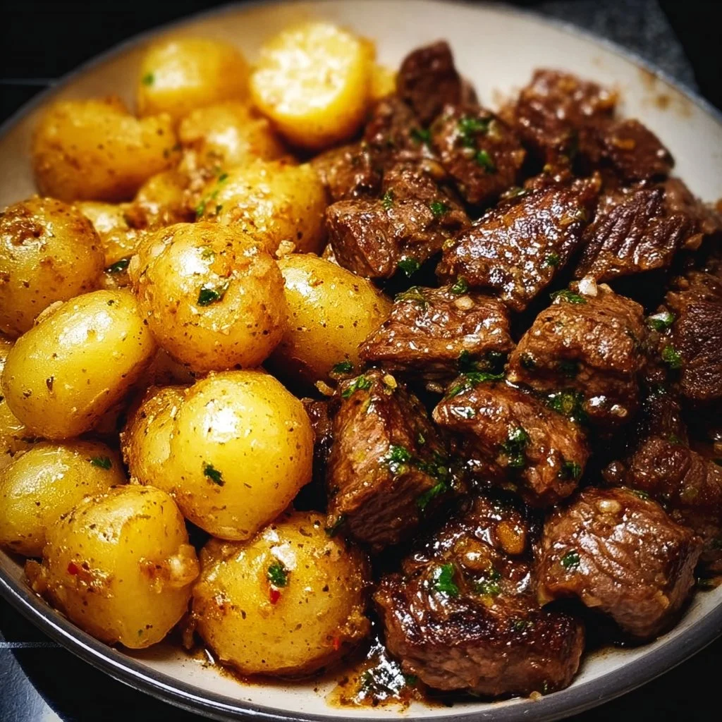Delicious Garlic Butter Beef Bites served with golden potatoes
