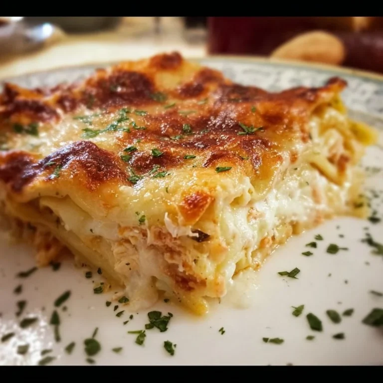 Plate of gluten-free garlic chicken lasagna with fresh herbs