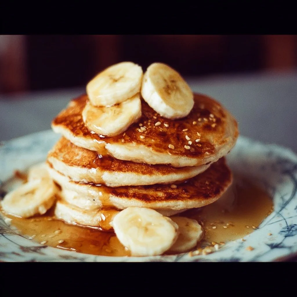 Delicious stack of fluffy banana pancakes topped with fresh bananas and syrup