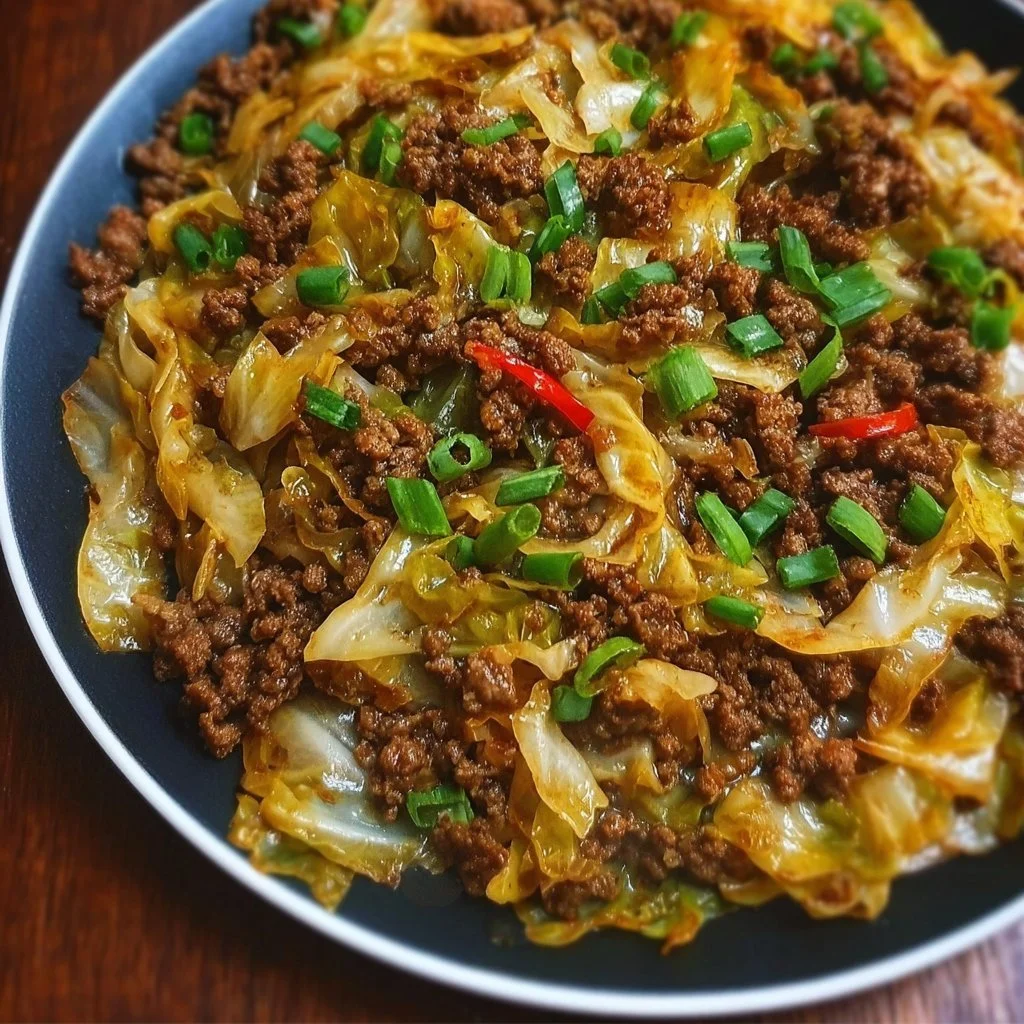 Ground beef and cabbage stir-fry ready to serve, showcasing vibrant vegetables.
