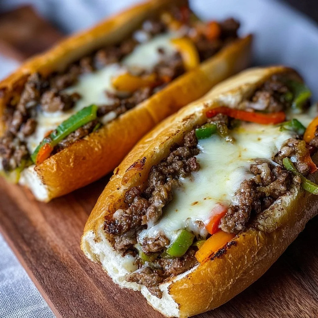 Ground Beef Philly Cheesesteaks with melted cheese and fresh toppings