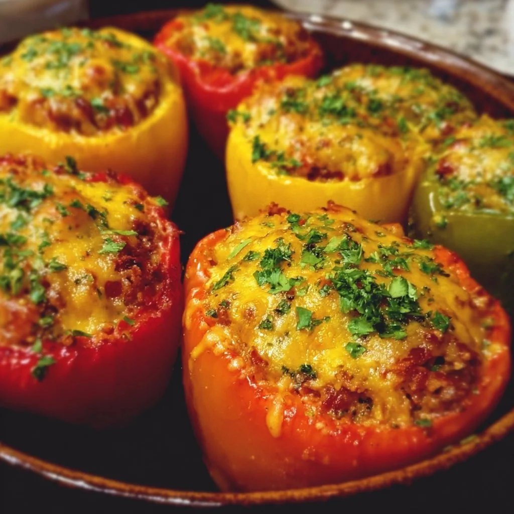 Healthy stuffed bell peppers filled with quinoa and vegetables