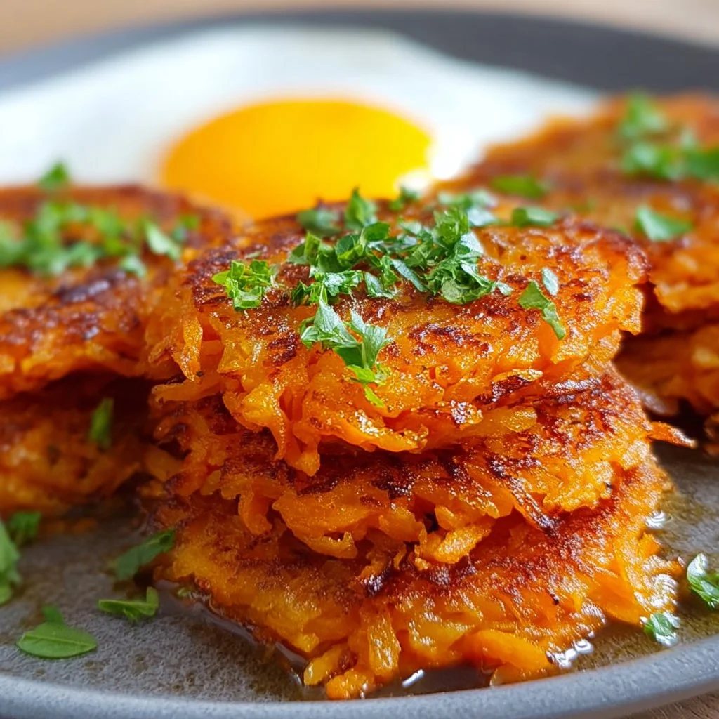 Healthy sweet potato hash browns served on a plate with herbs