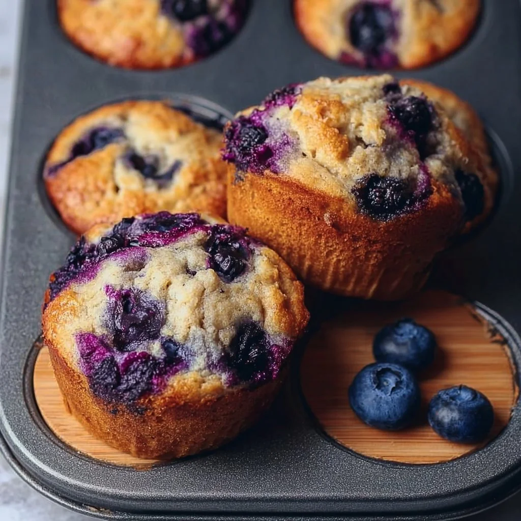 Hearty blueberry protein muffins fresh out of the oven with blueberries on top
