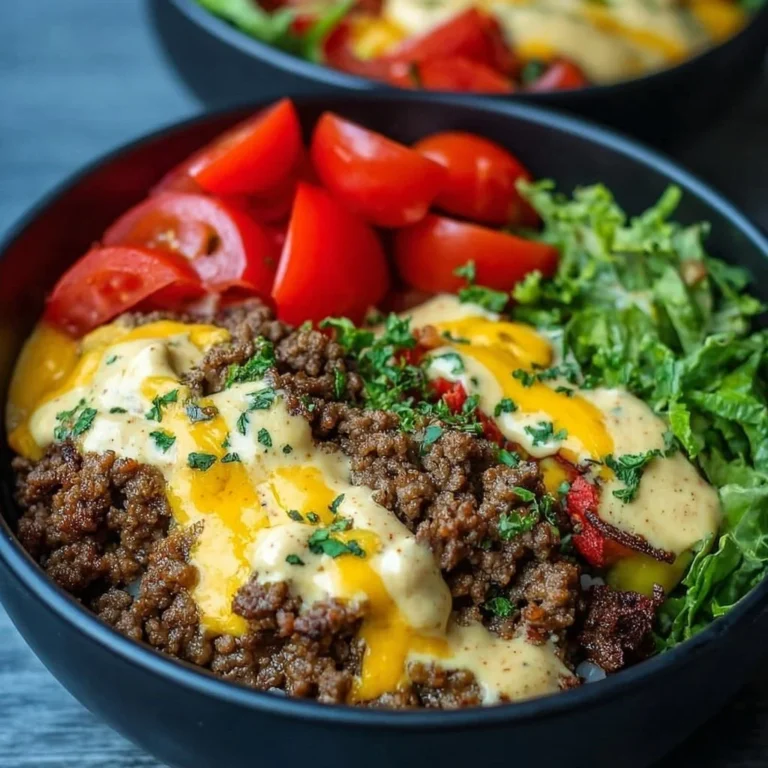 High-protein cheeseburger bowl with fresh ingredients and toppings