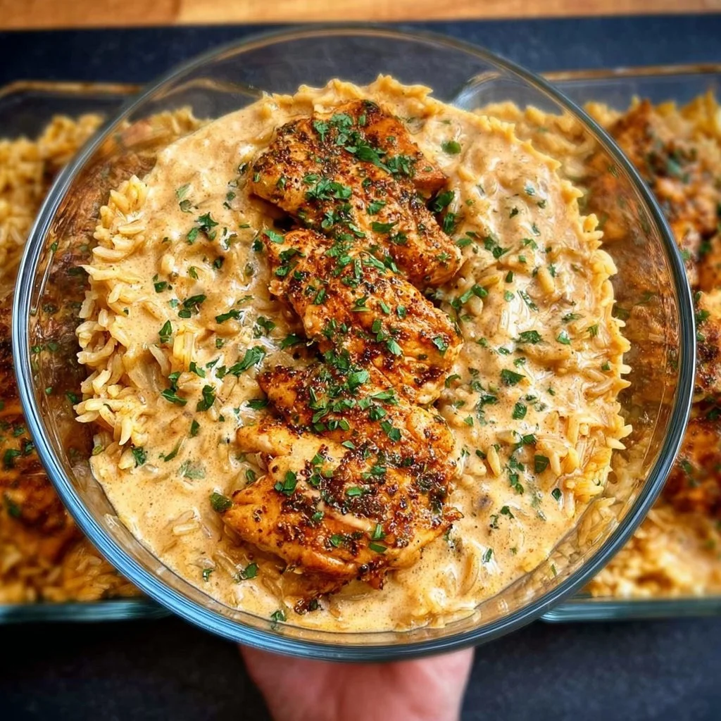 High protein creamy Cajun chicken served with rice on a plate