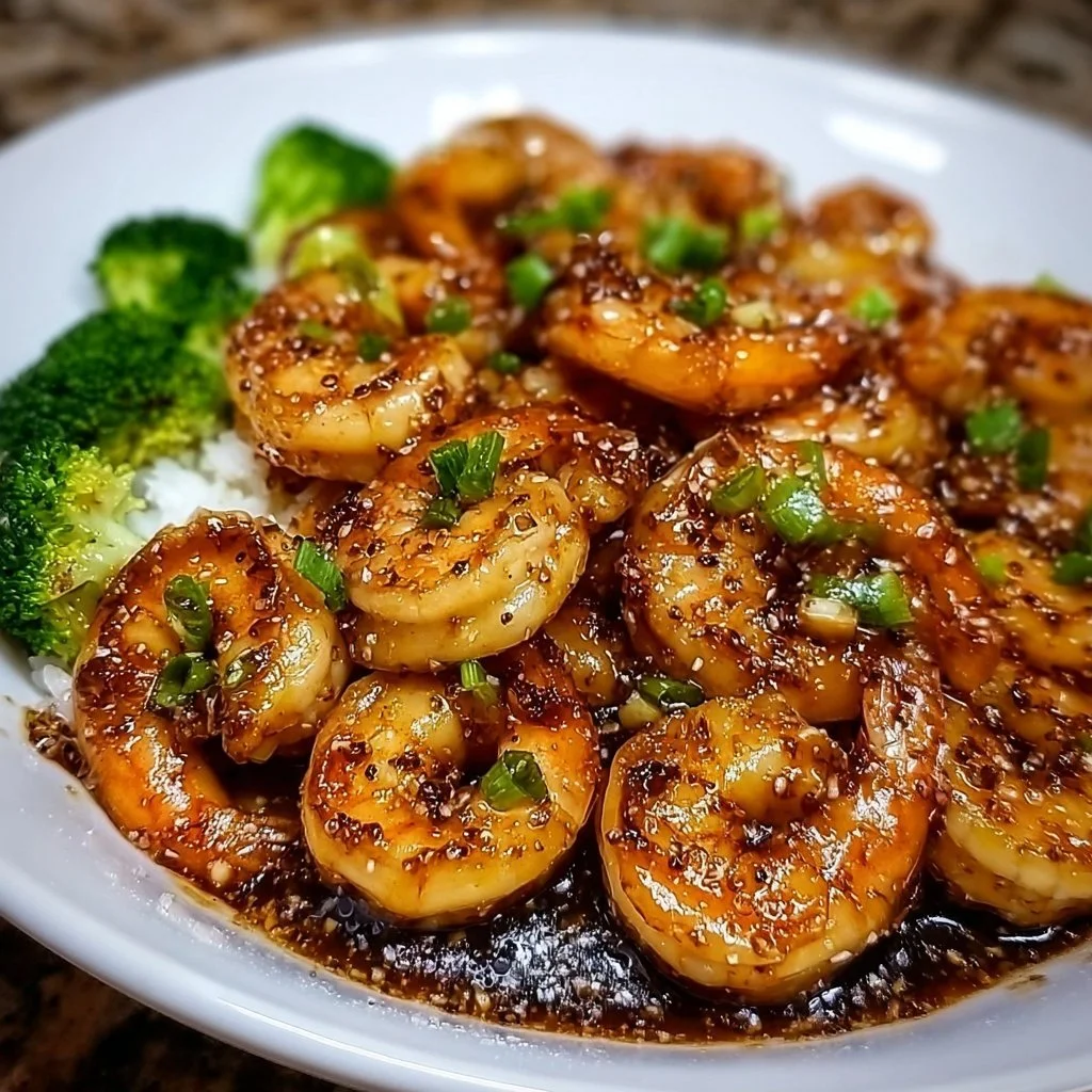 High-protein honey garlic shrimp garnished with green onions and served over rice.