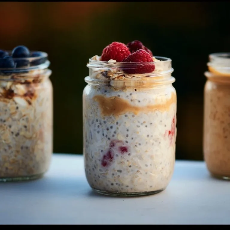 Bowl of high-protein overnight oats topped with fresh fruits and nuts