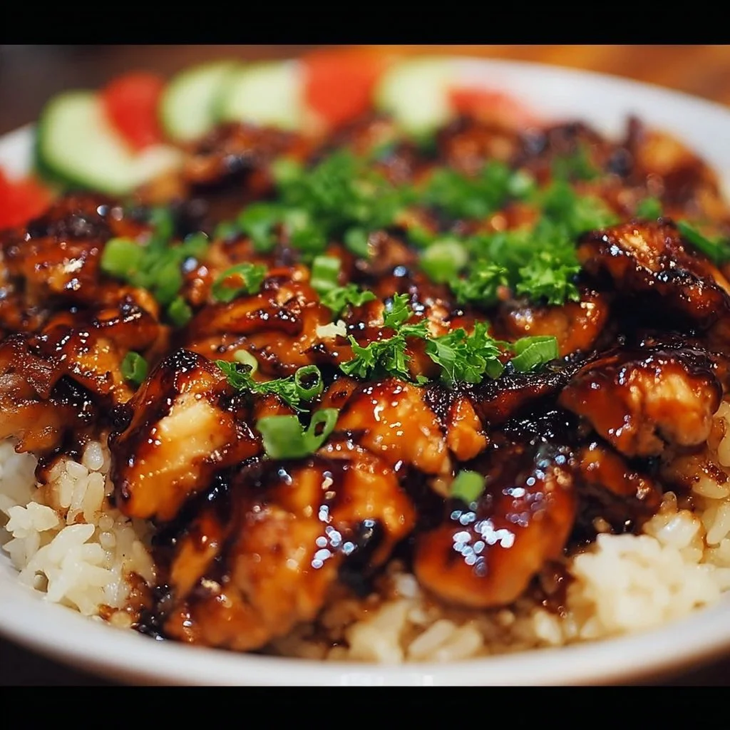 Plate of Honey BBQ Chicken served with rice, garnished with vegetables.
