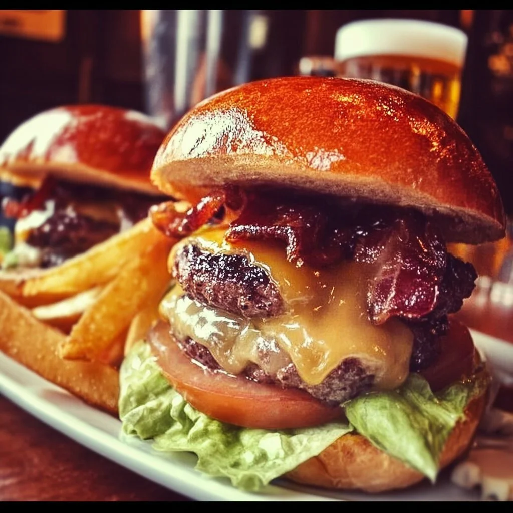 Juicy Irish Pub Burger with fresh toppings and a side of fries