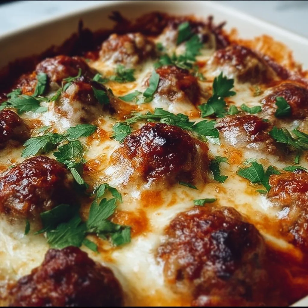 Keto Meatball Parmesan Casserole with melted cheese and fresh herbs