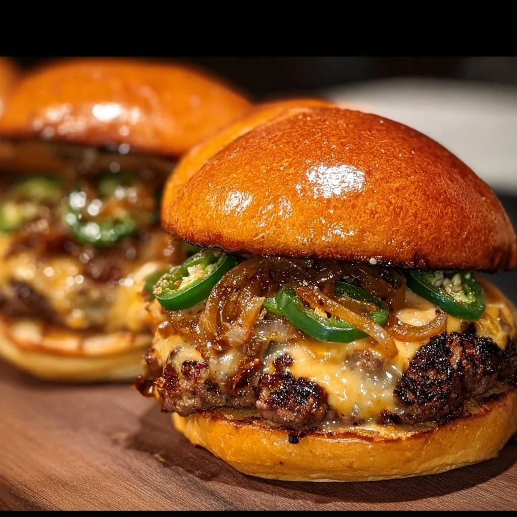 Jalapeño-onion smash burgers sizzling on the grill, ready to serve.