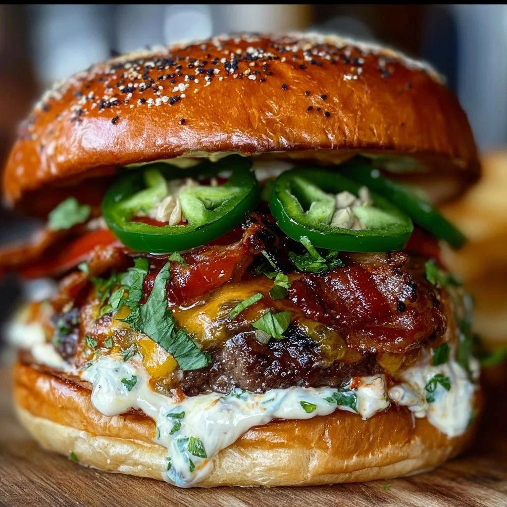 Delicious Jalapeño Popper Smash Burger topped with ranch sauce