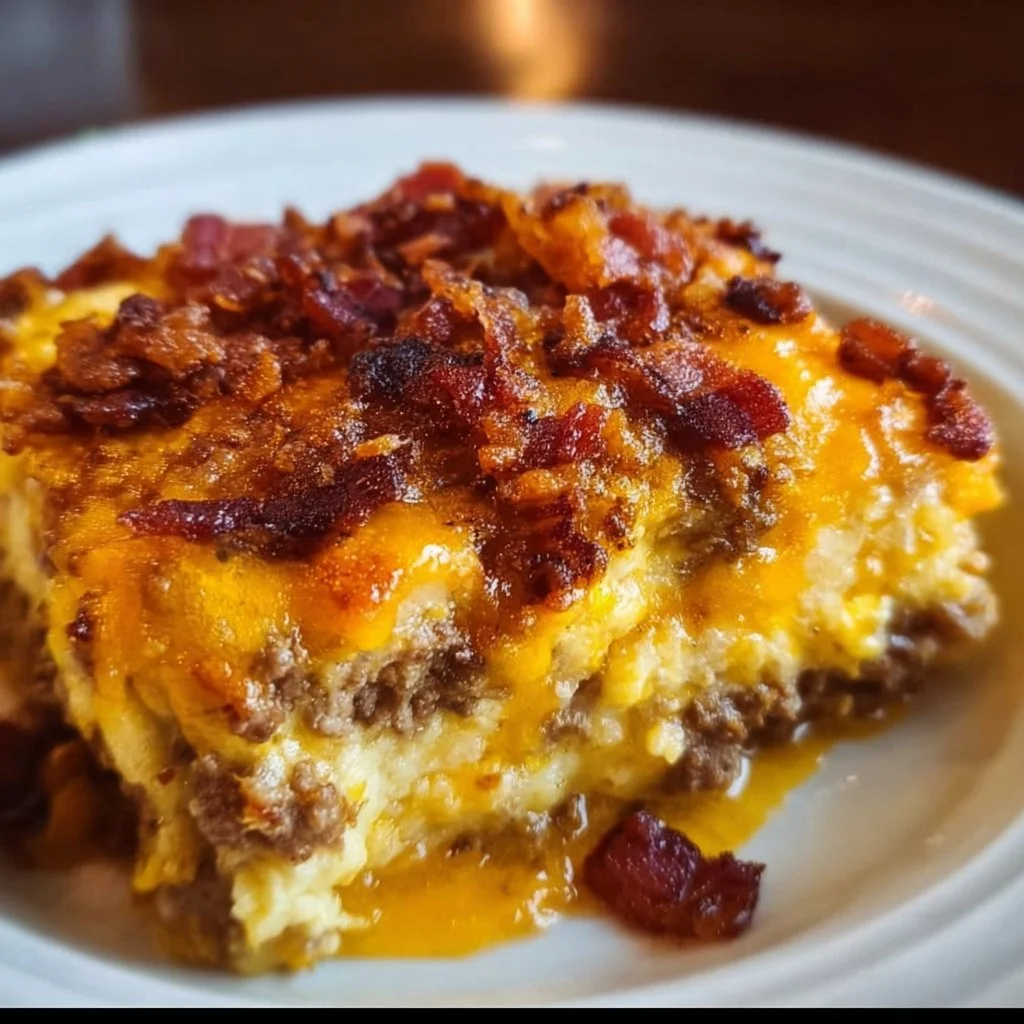 Low-Carb Bacon Cheeseburger Casserole topped with melted cheese and crispy bacon
