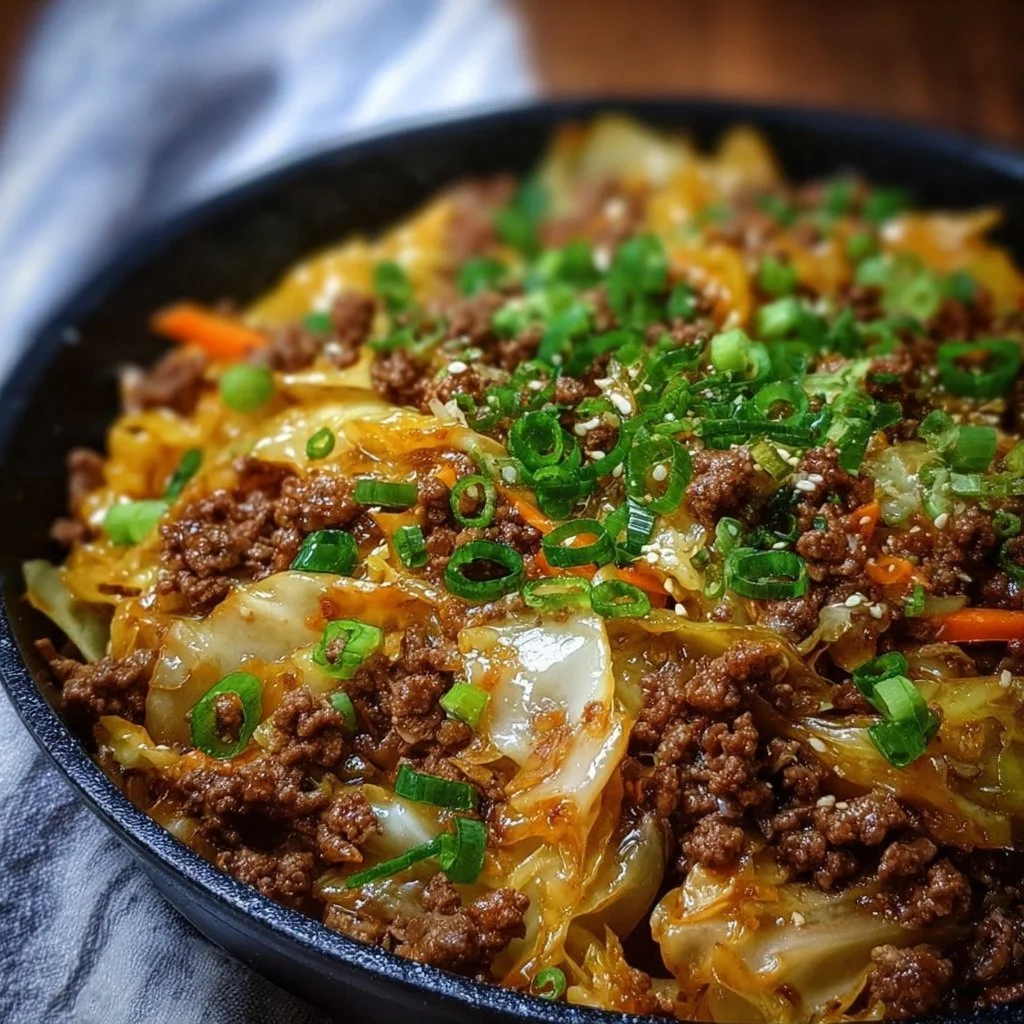 Plate of low-carb Mongolian Ground Beef and Cabbage dish