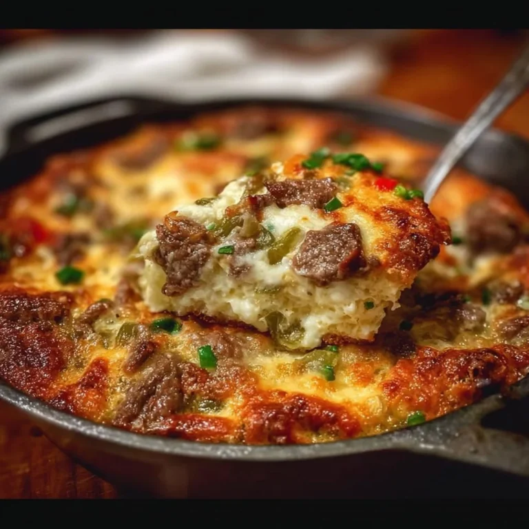 Low Carb Philly Cheesesteak Casserole garnished with herbs and melted cheese