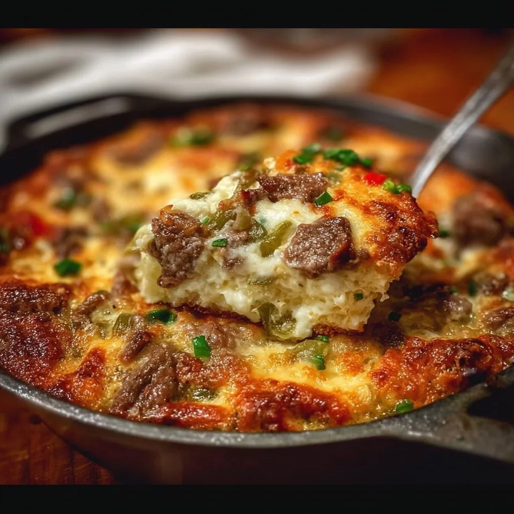 Low Carb Philly Cheesesteak Casserole garnished with herbs and melted cheese