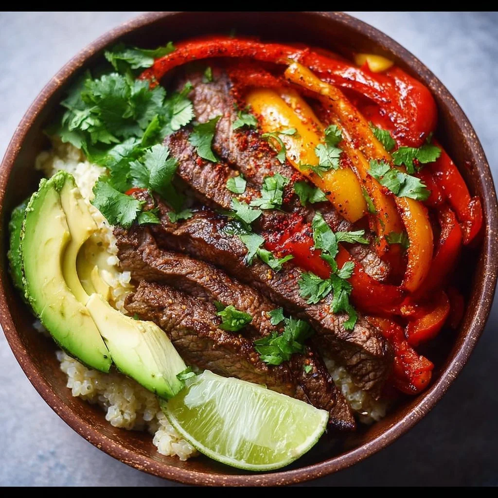 Delicious low carb steak fajita bowl with fresh veggies and grilled steak.