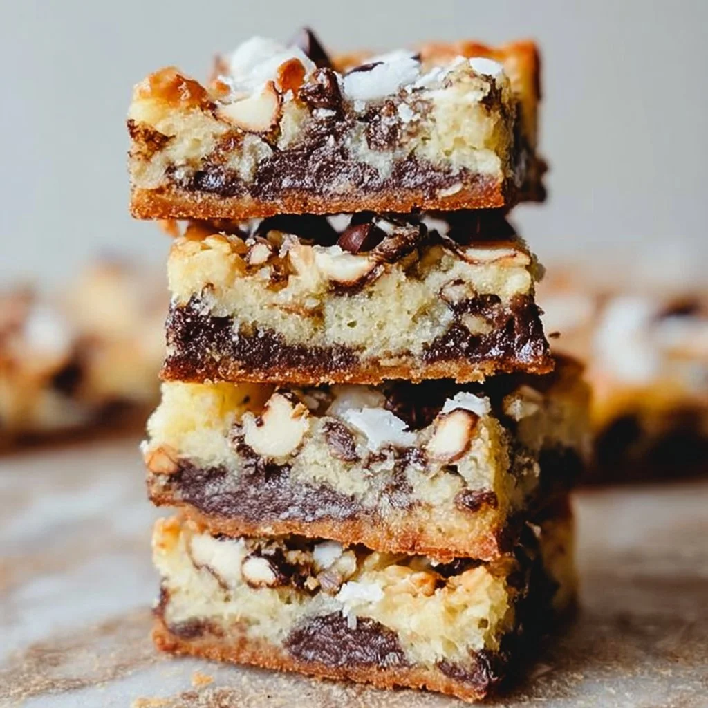 Delicious Magic Cookie Bars topped with chocolate and coconut