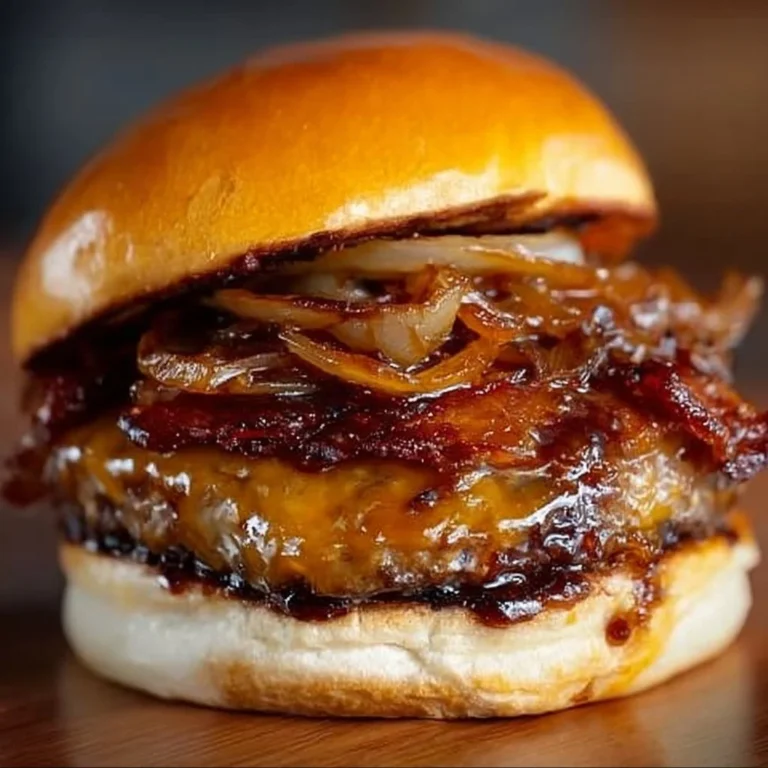 Delicious Maple Bourbon BBQ Bacon Burger topped with caramelized onions