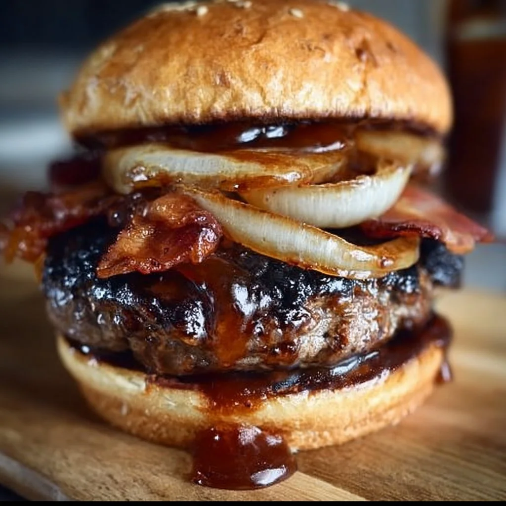 Maple Bourbon BBQ Bacon Burger with Caramelized Onions