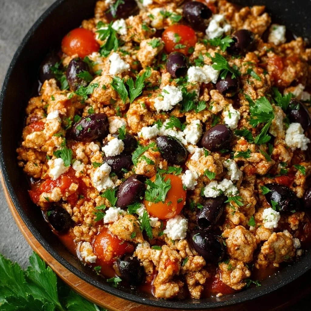 Mediterranean Keto Skillet featuring ground chicken, olives, and feta cheese