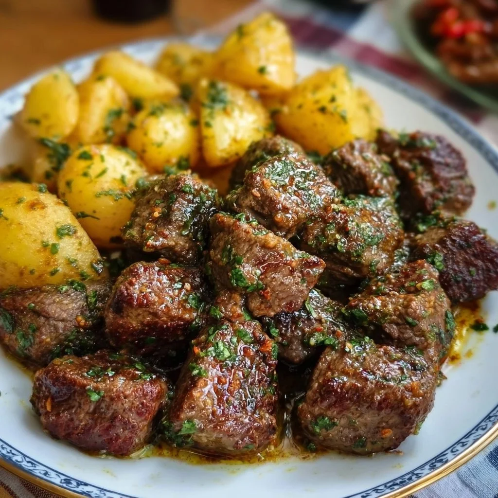 Melt-in-your-mouth garlic butter beef bites served on a plate