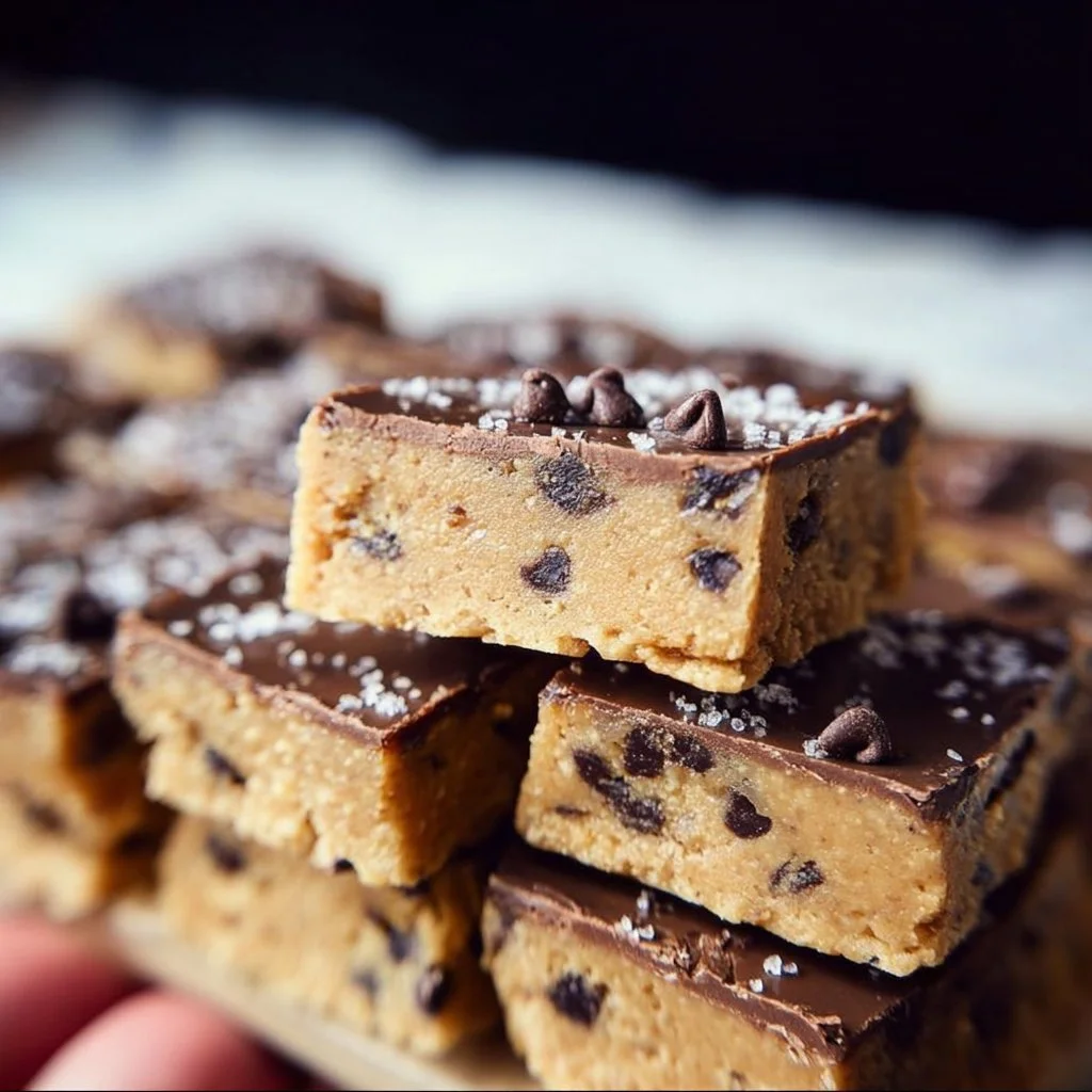 No Bake Cookie Dough Bars topped with chocolate chips and nuts