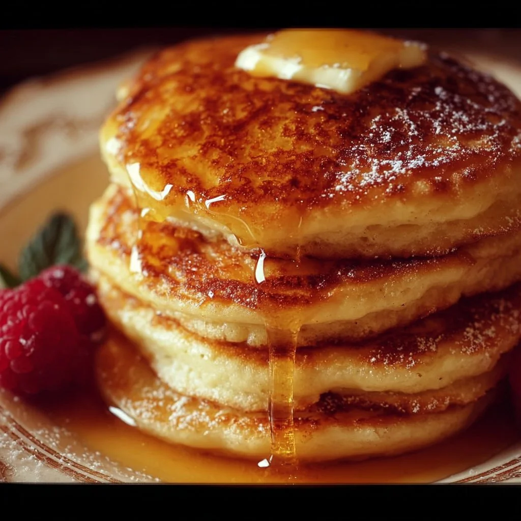 Stack of old-fashioned pancakes drizzled with syrup and topped with butter