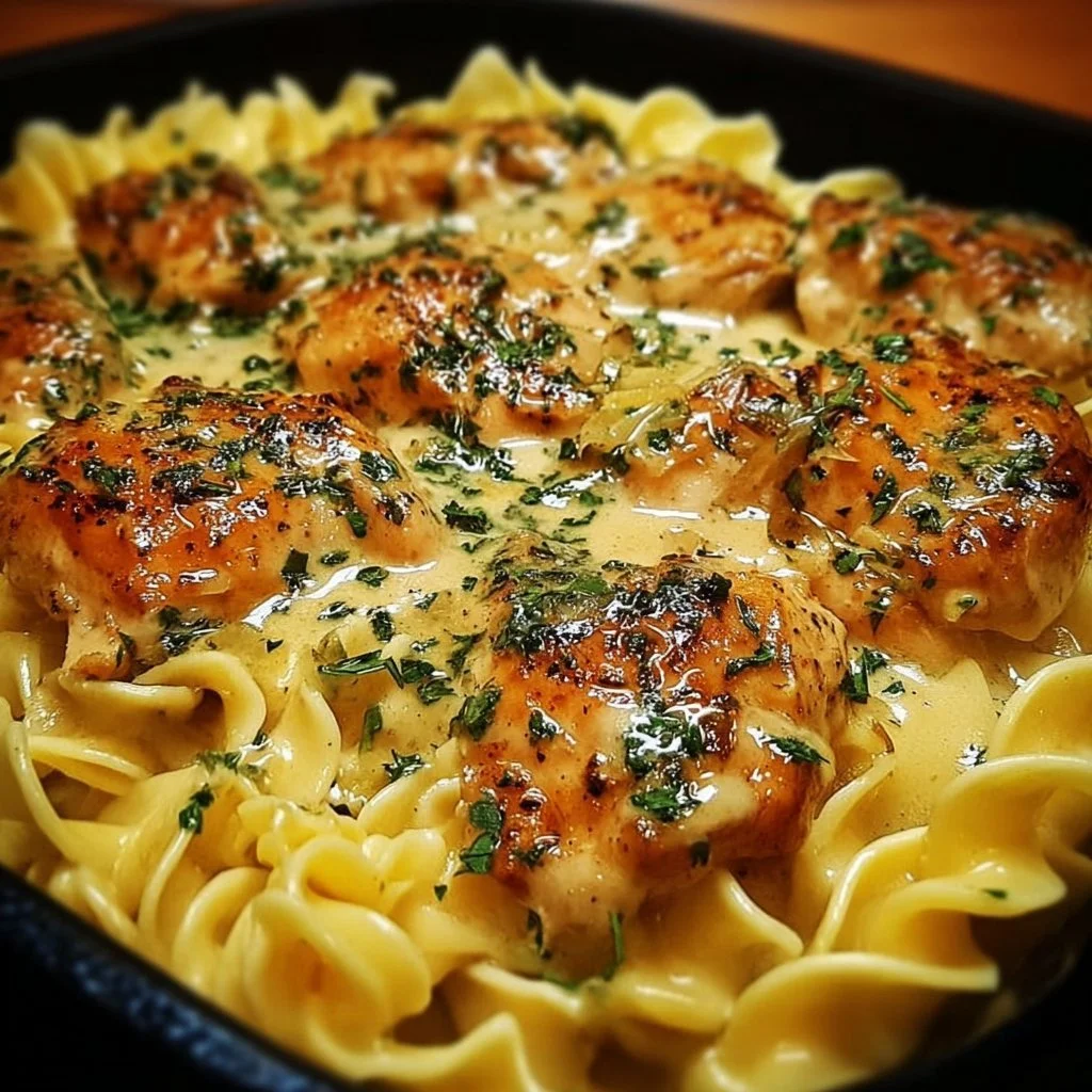 One-Pan Chicken with Buttered Noodles served on a plate