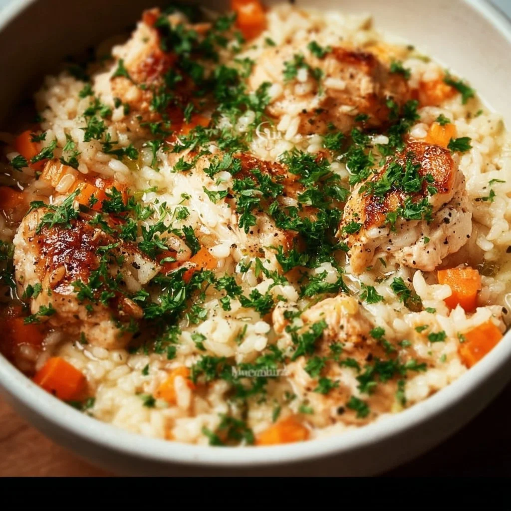 One-Pot Chicken and Rice dish garnished with herbs and served in a bowl