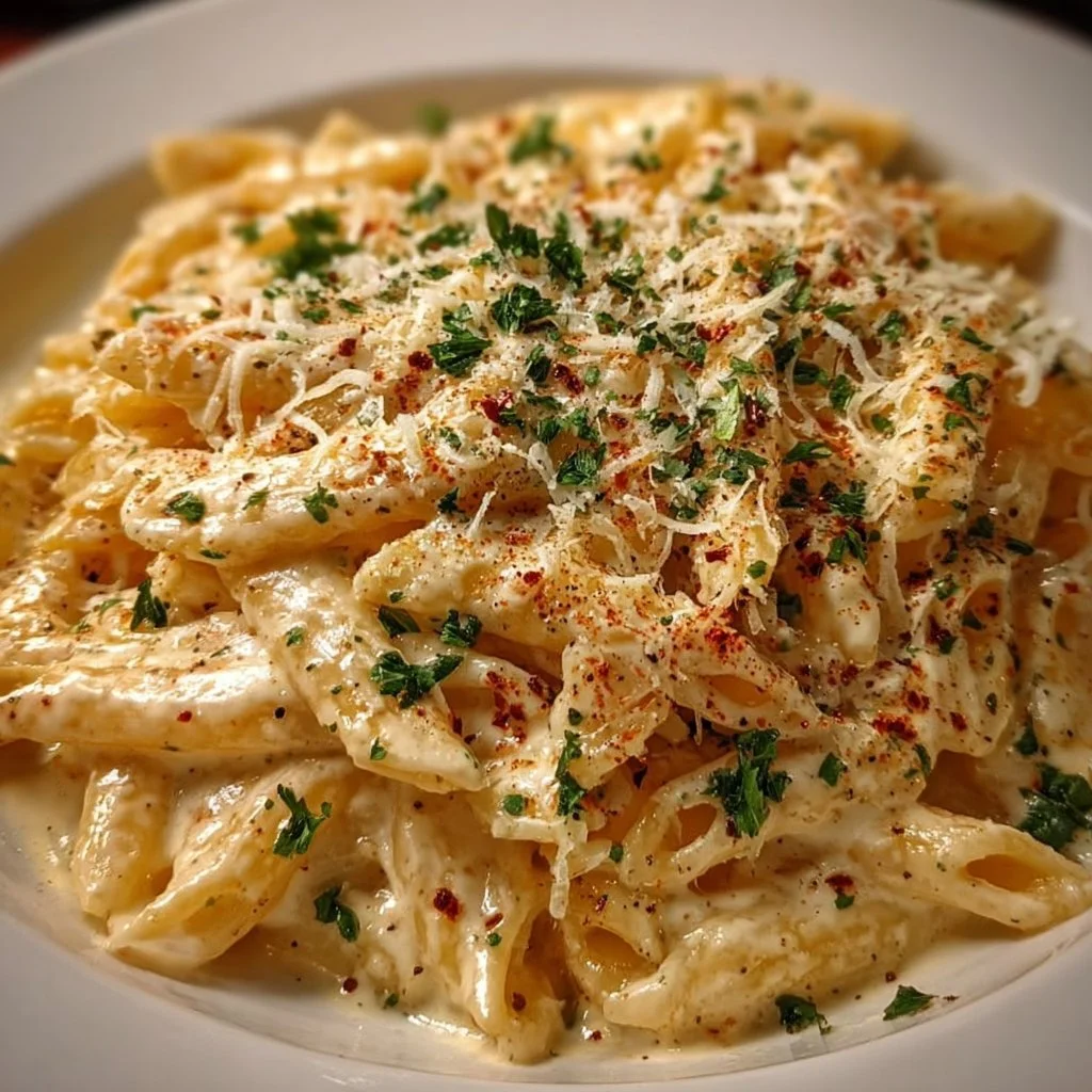 One Pot Creamy Garlic Pasta in a bowl with a sprinkle of parsley