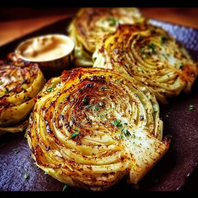 Delicious roasted cabbage steaks arranged on a plate, served with herbs
