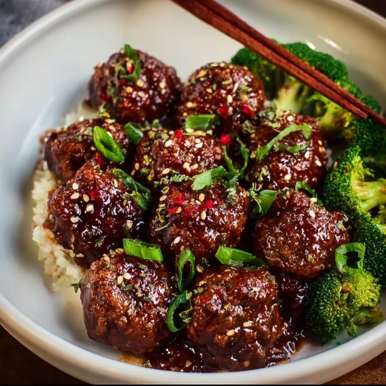 Sticky Mongolian Beef Meatballs served on a plate, garnished with green onions.