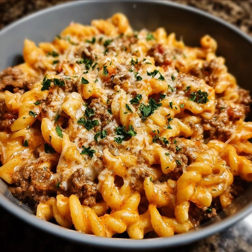 Stovetop creamy ground beef pasta garnished with fresh herbs