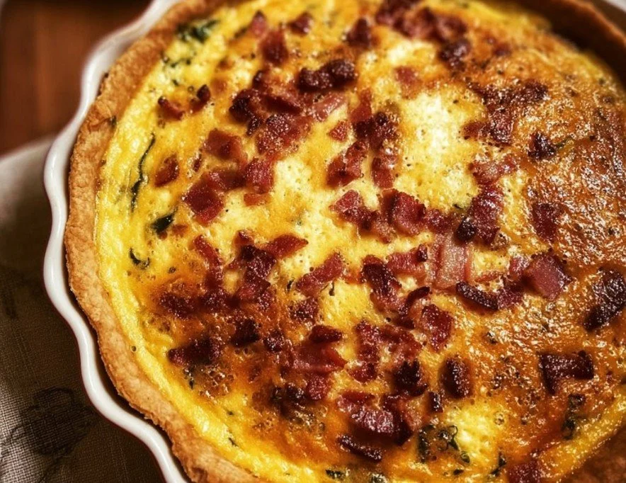 Delicious Bacon and Cheddar Quiche topped with herbs