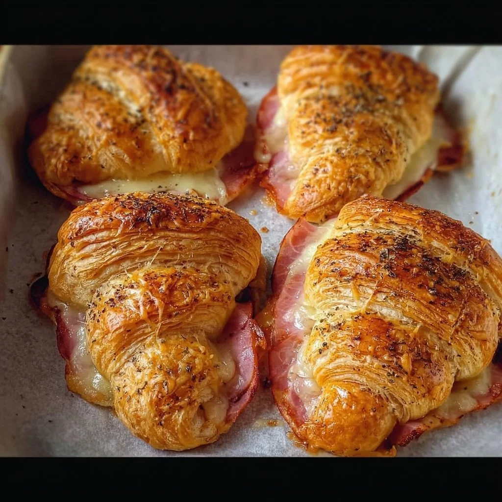 Homemade baked ham and cheese croissants on a platter