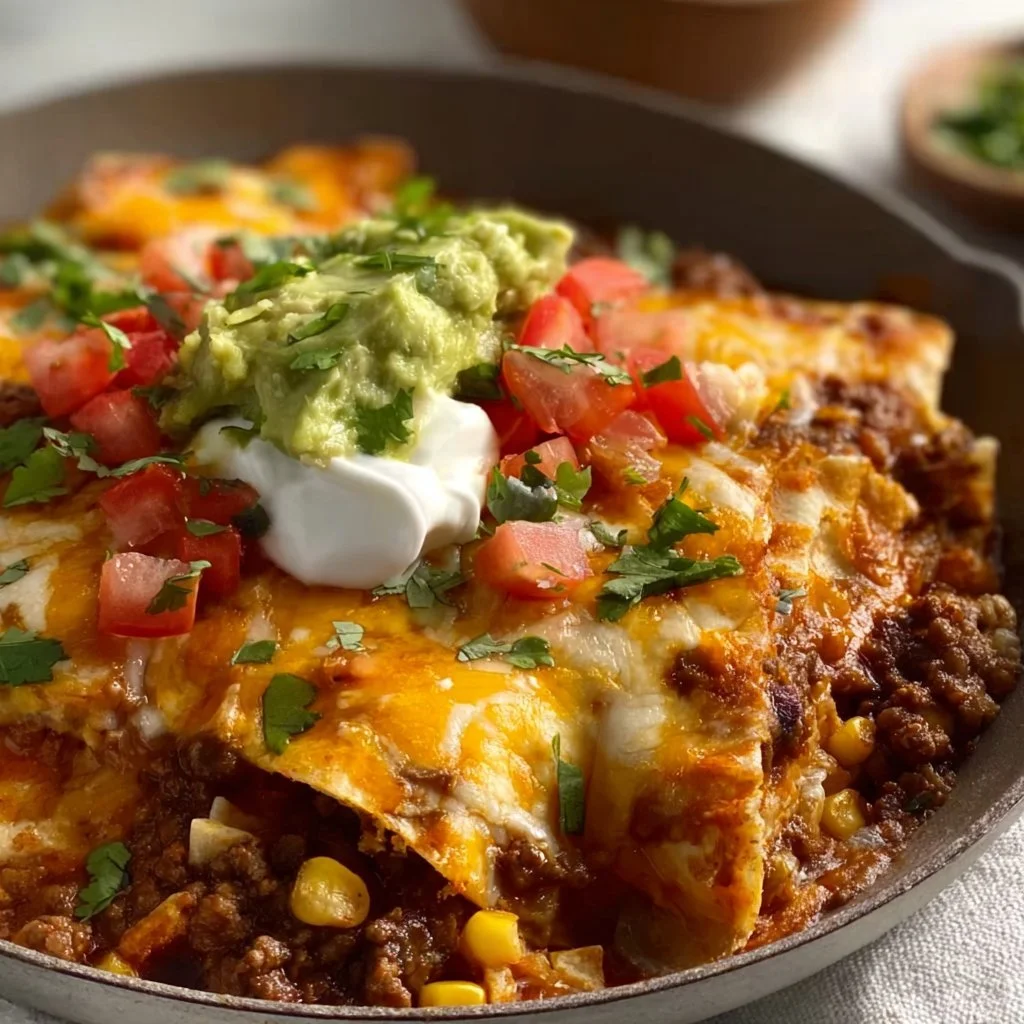Skillet beef enchiladas topped with melted cheese and garnished with cilantro