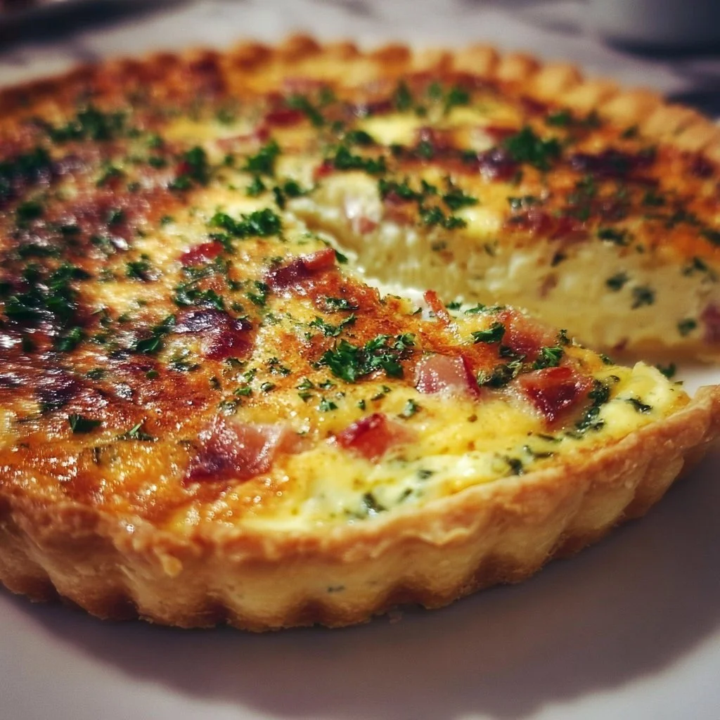 A delicious slice of the best ever quiche served on a plate with herbs.