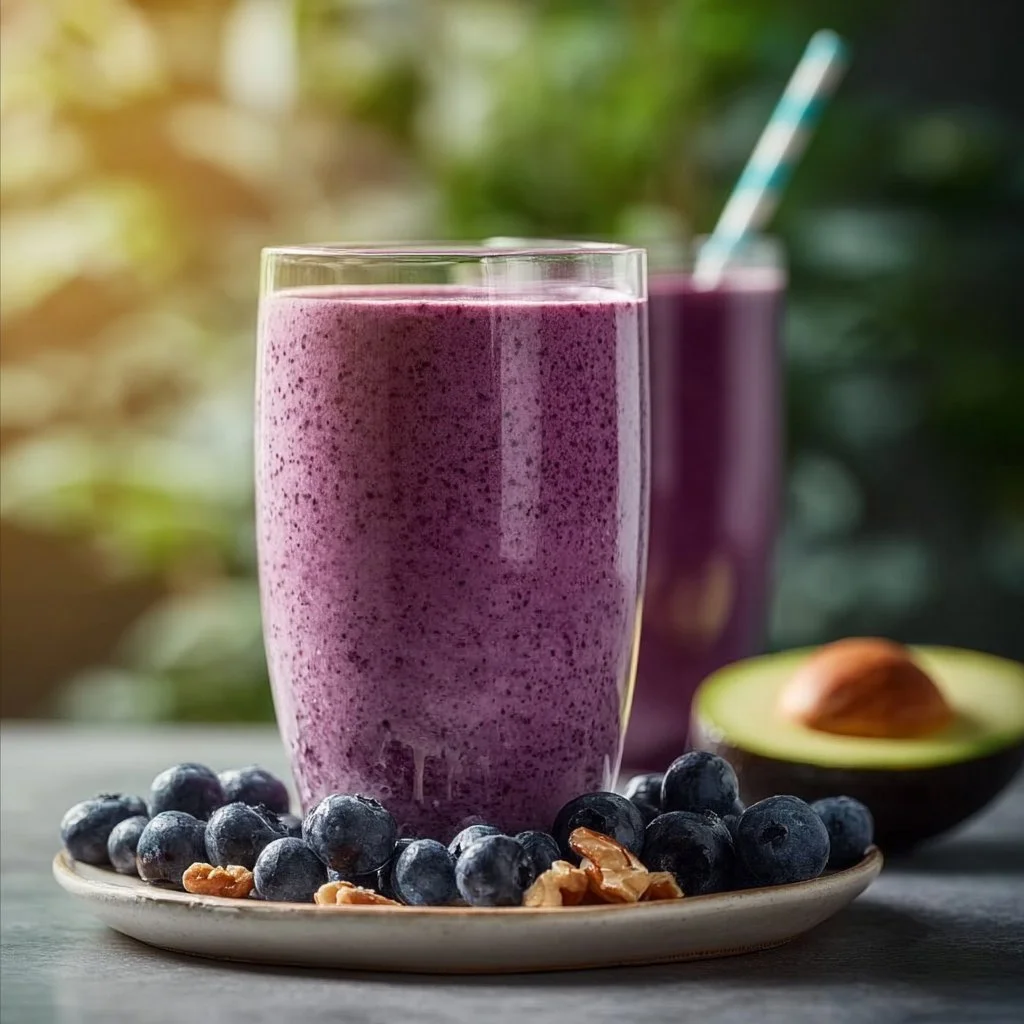 Delicious blueberry avocado smoothie in a glass with fresh blueberries