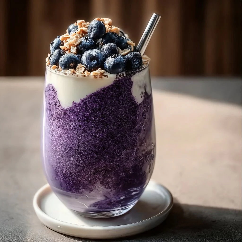 Blueberry Cheesecake Protein Smoothie in a glass with fresh blueberries on top