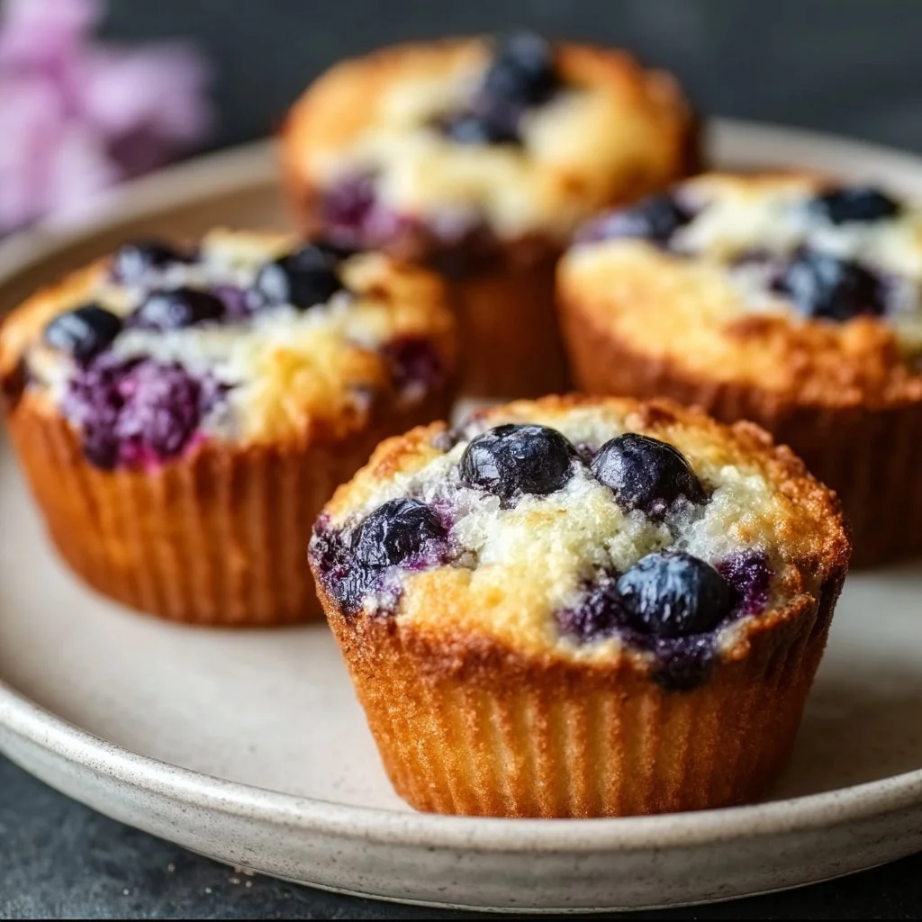 Blueberry cottage cheese muffins fresh out of the oven with plump blueberries