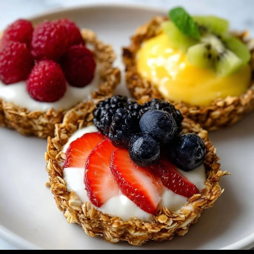 Breakfast fruit tarts topped with fresh fruits on a granola crust