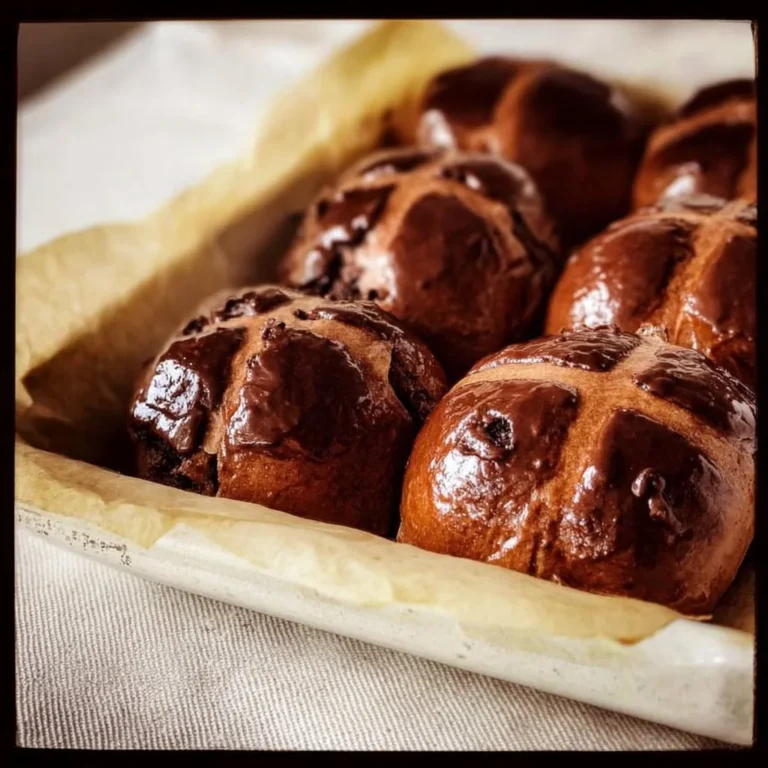 Freshly baked brioche chocolate hot cross buns on a cooling rack