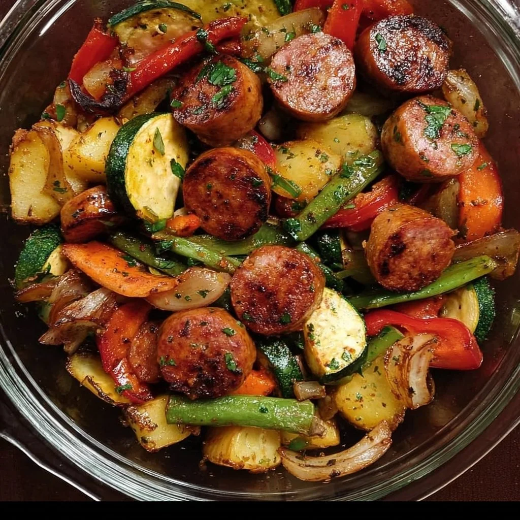 Cajun sausage cooked with vibrant vegetables in a skillet