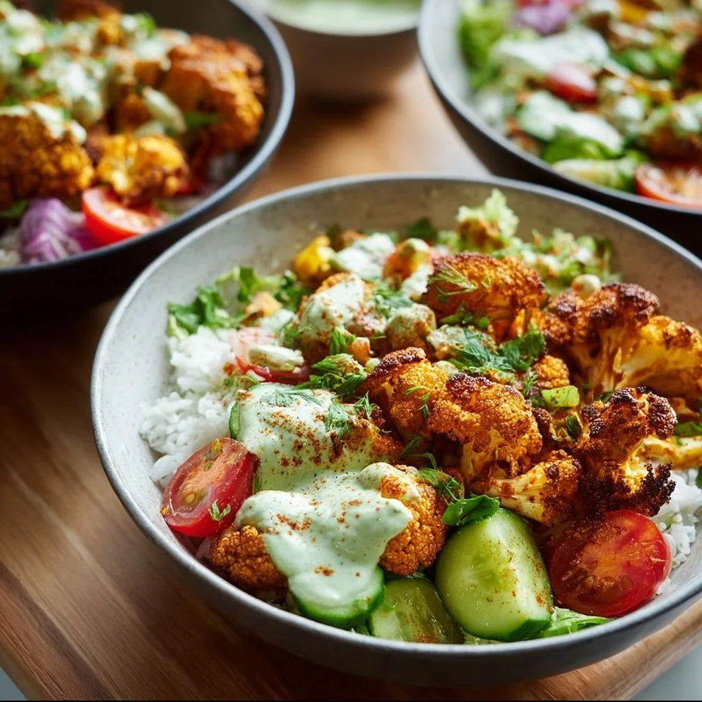 Delicious Cauliflower Shawarma Bowls with fresh toppings and spices.