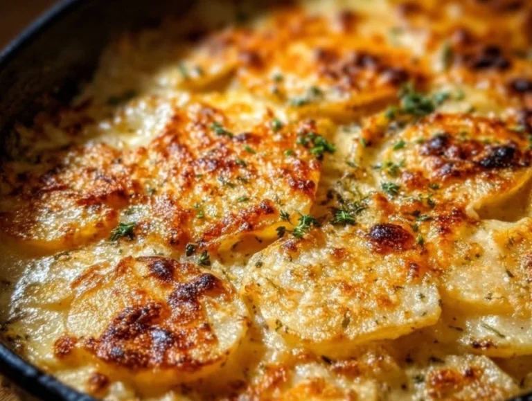 Baked cheesy scalloped potatoes garnished with herbs in a casserole dish