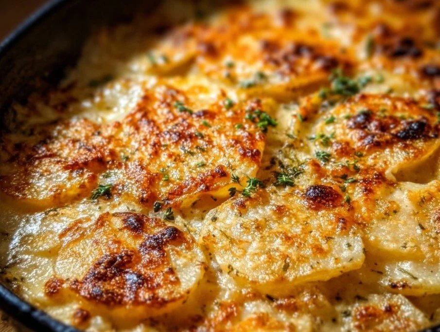 Baked cheesy scalloped potatoes garnished with herbs in a casserole dish